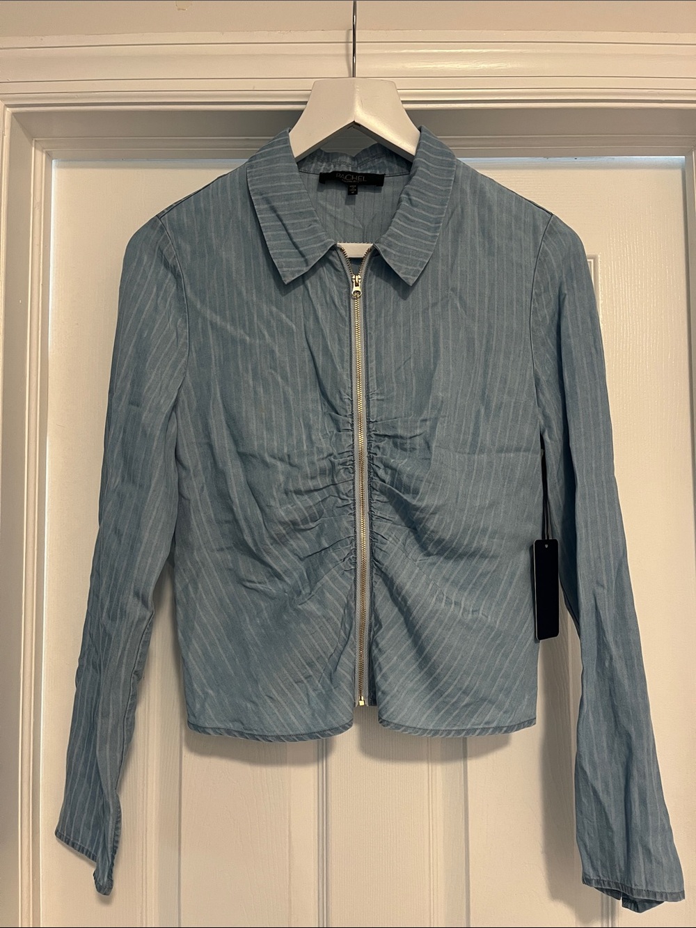 RACHEL Rachel Roy Light Blue Pinstripe Zip-Front Long Sleeve Top